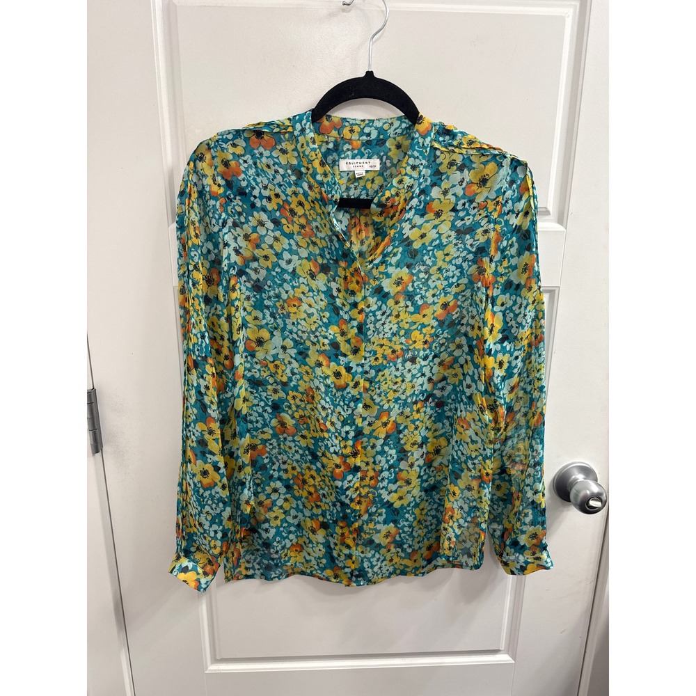 Equipment Femme Silk Floral Blouse Teal Yellow Orange Mandarin Collar XS